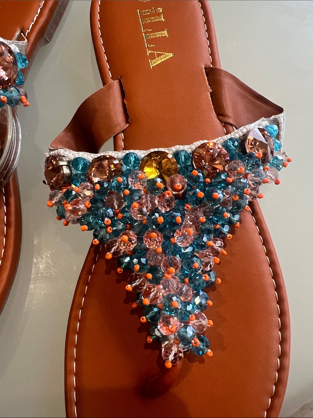 VILA Brown Leather Sandals with Turquoise and Amber Beading